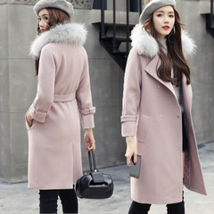 毛呢外套女中长款加厚加棉2016冬装新款韩版粉色修身毛领呢子大衣