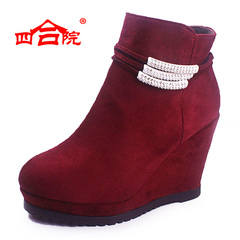[特价]老北京布鞋女靴 秋冬棉靴内增高坡跟防水台厚底短靴子38933