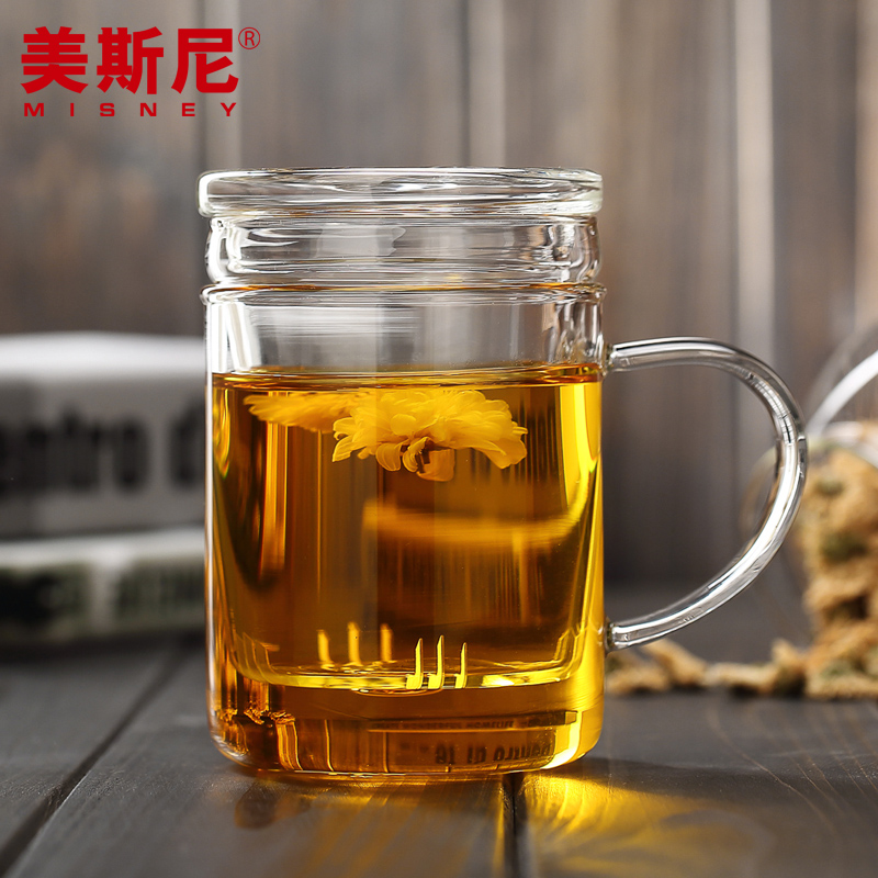 美斯尼 耐高温玻璃茶杯子加厚 带盖过滤透明老板杯 玻璃礼品茶杯产品展示图2