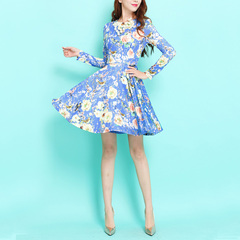 Southern girl ~2015 beautiful round neck long sleeve oversized umbrella hand-painted flowers on a blue background elastic OL dress