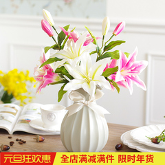 仿真百合花带小花瓶套装假花绢花装饰品花艺客厅餐桌整体花卉摆件