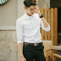 秋季男士衬衫长袖韩版修身白衬衫男纯色休闲青年潮男衬衣寸衫男装