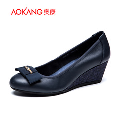 Aokang shoes summer 2015 new Korean bow wedges high heels foot cowhide round head women's shoes