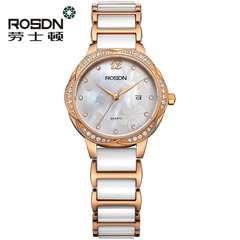 劳士顿女装表陶瓷表水钻手表日历手表白色玫瑰金时尚手表名牌手表