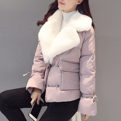 2016冬装新款韩版短款修身显瘦加厚大翻领毛领羽绒棉服女学生外套