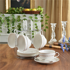 欧式骨瓷杯子餐饮用具白色水杯浮雕金边陶瓷咖啡杯碟4套装送杯架