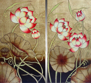 金箔漆画蛋壳漆画荷花定制纯手绘磨漆画装饰画挂画客厅热卖包邮