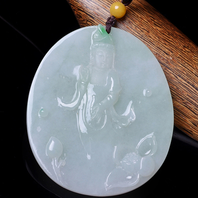 pm060 老坑细糯种巧雕意境精品翡翠观音挂件 26.7600g