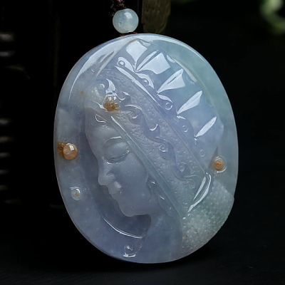 冰糯种紫罗兰缅甸a货翡翠少数民族女子头像吊坠 31.32克