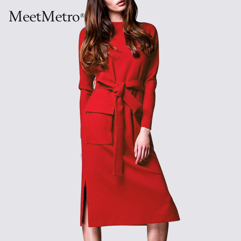 MeetMetro2016秋冬季新款女士时尚气质长袖收腰红色连衣裙中长款产品展示图1