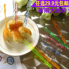 一次性塑料水果叉 果签彩色 二齿透明竹节水果叉 水晶叉子整包价