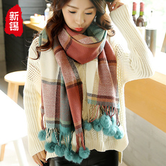 韩版秋冬季女士兔毛毛球围巾围脖 加厚保暖围巾披肩两用超长