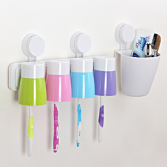 吸壁式牙刷架壁挂牙刷架漱口杯 刷牙杯带置物桶 适用四口之家