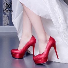新款结婚鞋细跟高跟防水台亮片红色婚鞋新娘水钻夜店防水台女单鞋