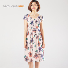 heroflower2016新款v领短袖印花中长裙大码双层桑蚕丝真丝连衣裙