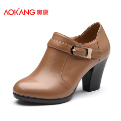 Aokang shoes comfortable waterproof belt buckle in autumn and winter thick leather with zipper ankle high women's shoe