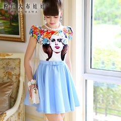 New dress big pink dolls 2015 pale blue flowers in spring and summer people dress printed