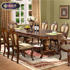 欧式橡木可伸缩餐桌椅子组合 大户型美式实木长方形折叠一桌六椅