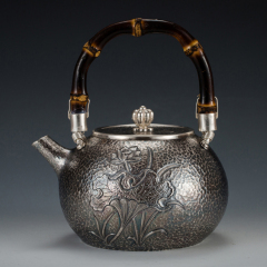 鱼员外银壶银S990烧水壶 手工茶壶茶具一张打一体式提梁壶