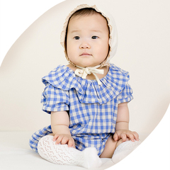 夏季婴儿连体衣爬服三角哈衣韩版格子荷叶领连身衣小童衣服