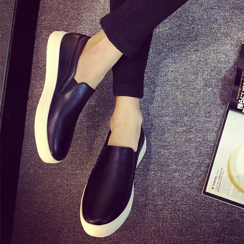 秋季男士樂福鞋一腳蹬休閑鞋男鞋子豆豆鞋鼕季皮鞋懶人蹬黑白潮鞋