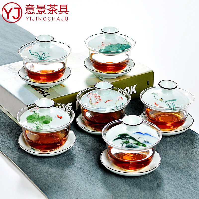 意景茶具 茶碗玻璃盖碗陶瓷手绘三才碗功夫茶具大号茶杯泡茶器产品展示图3