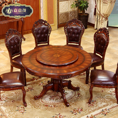 欧式实木餐桌椅组合美式双层带转盘圆形餐台1.5米美式饭桌西餐桌