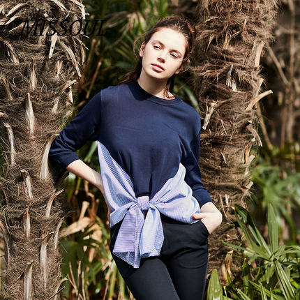 missoul米素女装2017春季新款拼接蝴蝶结修饰9分袖恤衫