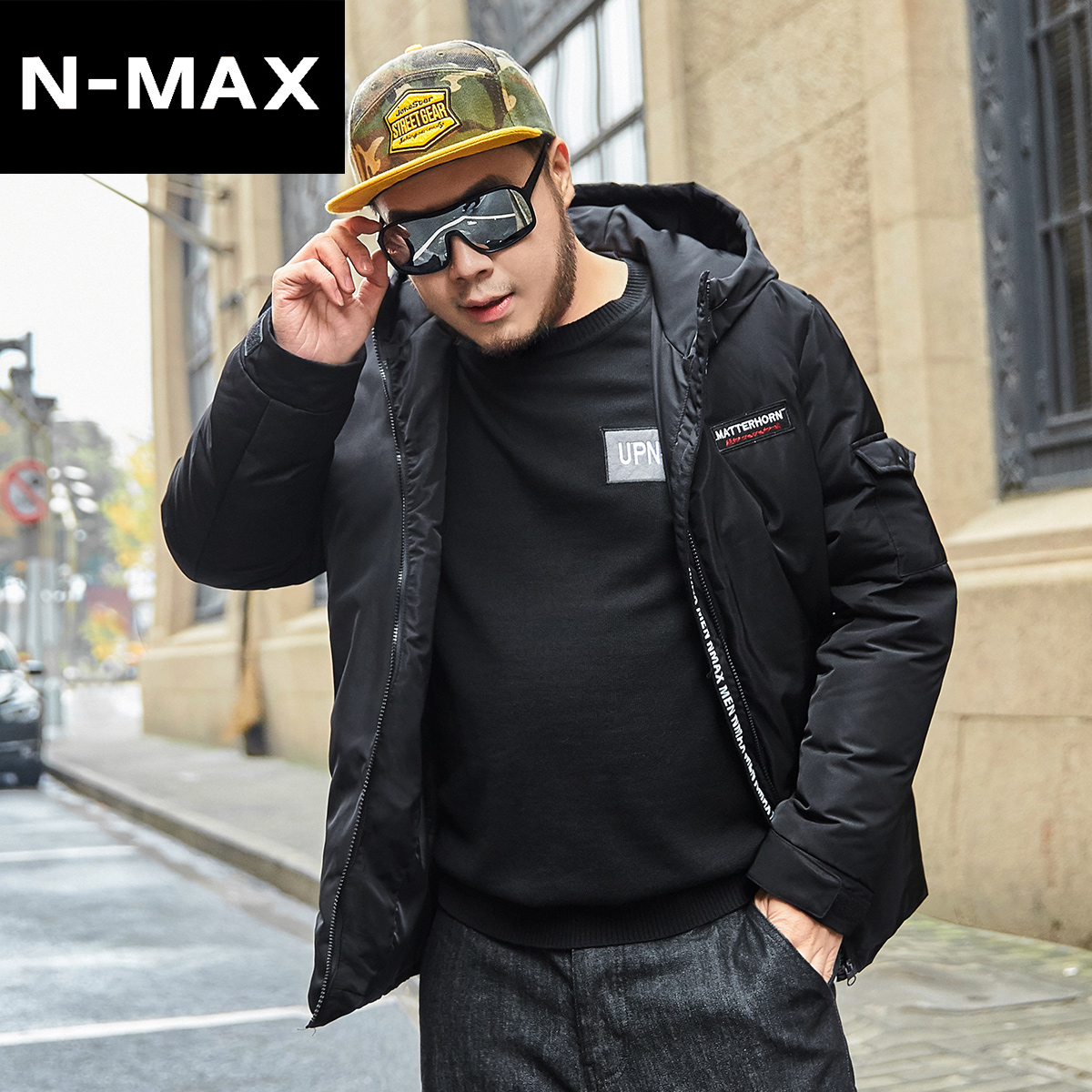 NMAX大码男装潮牌 冬装新款加厚黑色羽绒服 加肥加大连帽羽绒外套产品展示图4