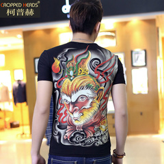 夏季中国风男装短袖T恤潮流韩版修身个性半袖男士印花大码衣服t
