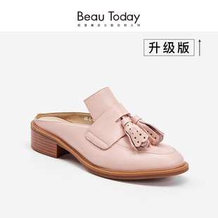 gucci老爹鞋鞋後跟 BeauToday無後跟懶人鞋女開邊珠穆勒鞋女拖鞋真皮流蘇單鞋女粗跟 老爹鞋