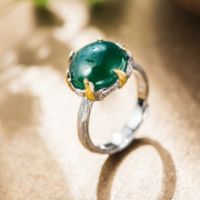 Thai natural green agate ring in 925 silver inlay rings women''s k fashion show rings women