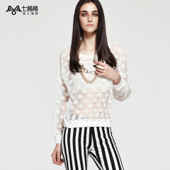 Seven space space OTHERMIX waves NET yarn lace see-through loose-sleeved round neck lace blouse