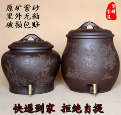 【正品】紫砂水缸原矿无釉储水罐饮净水器酒缸带龙头 紫泥如意