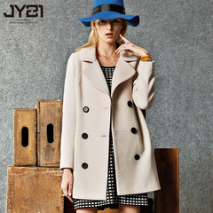 JY21 2015年冬季口袋欧美纯色聚酯纽扣米色西装领双排扣毛呢外套