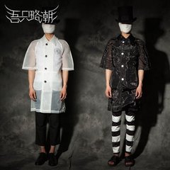 吾只略潮男士原创设计韩版欧根纱防晒服 宽松中袖透视长款薄风衣