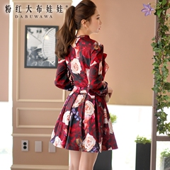 A-line skirt pink doll 2015 autumn Korean women wear skirts slim printed pleated skirt