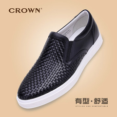 CROWN/皇冠手工编织男鞋韩版潮男生休闲皮鞋真皮英伦板鞋男乐福鞋