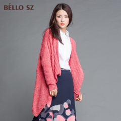 bello sz贝洛安2015冬装新款长袖针织衫开衫宽松毛衣外套女中长款