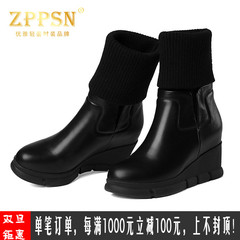 轻奢品牌ZPPSN冬季新款防水台坡跟拼接毛线显瘦中筒短靴真皮女靴