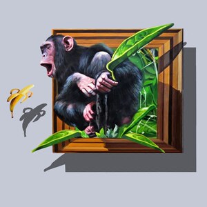 3d画馆画展墙画壁纸墙贴立体三维涂鸦设计定制人喂猴子猩猩吃香蕉