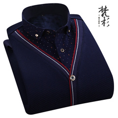 冬季加绒衬衫男长袖韩版修身假两件加绒加厚保暖衬衫休闲男士衬衣