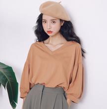 夏季韓版女裝簡約寬松五分袖T恤套頭上衣百搭顯瘦V領純色打底衫