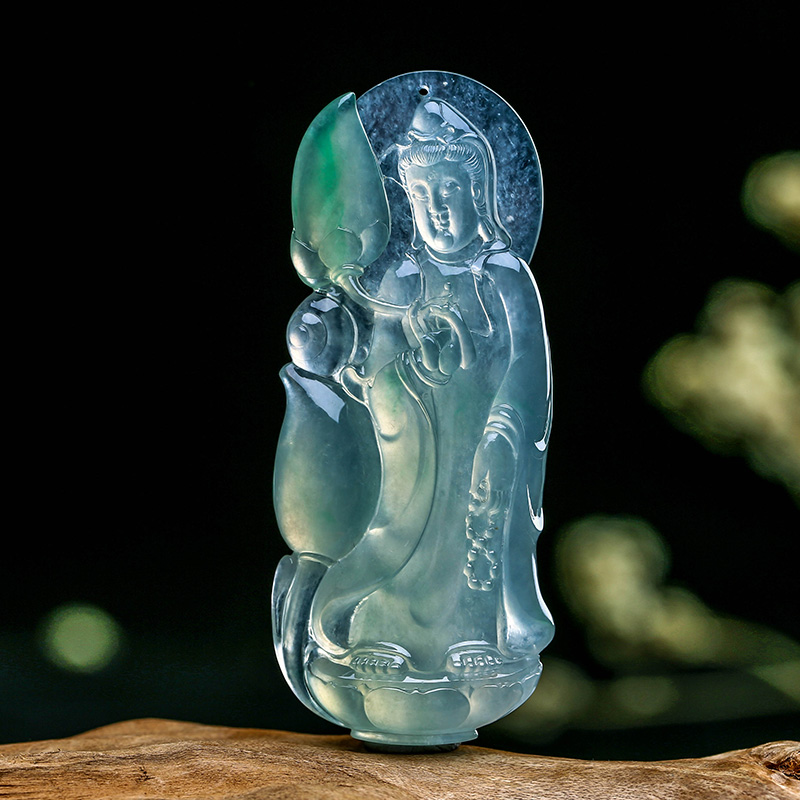 简道乾翡翠观音吊坠老坑冰种阳绿飘花持莲观音a货挂件高端翡翠