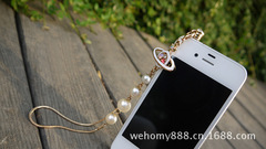 新品!韩版滴油土星标志珍珠长链吊坠iphone防尘塞 耳机塞