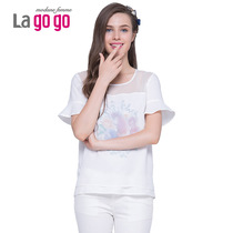 Lagogo/拉谷谷2015夏季新款荷叶边袖动物印花镂空上衣EBA611G912