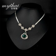 Thai Thai Silver 925 Silver national wind clavicle long necklace vintage luxury green agate necklace