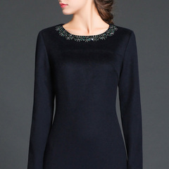 2015冬装新款羊毛纯手工钉珠修身显瘦毛呢连衣裙大码显瘦裙子