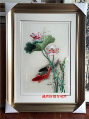 苏绣手工成品刺绣荷花鲤鱼餐厅玄关装饰礼品挂画年年有余高档刺绣