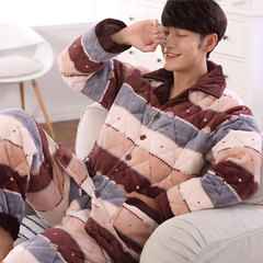 冬季睡衣男士法兰绒夹棉三层加厚珊瑚绒棉袄青少年男式家居服套装